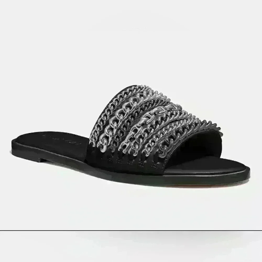 Coach Black Slide Sandals with Silver Chain Accents New